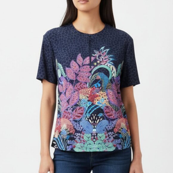 Johnny Was Blue Floral Leaf Print Short Sleeve Zip Neck Top XXL - Picture 1 of 5